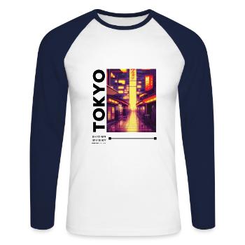 Japanese Streetwear Aesthetic - Unisex Long Sleeve Baseball T-Shirt - white/navy - Front - Nik (191cm)