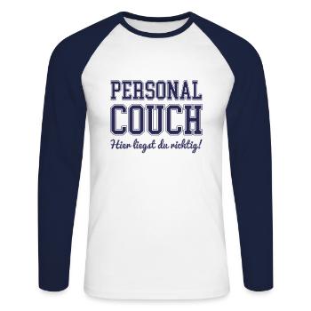 PERSONAL COUCH - HIER LIEGST DU RICHTIG - FUNSHIRT - Unisex Baseballshirt langarm - Weiß/Navy - Vorne - Nik (191cm)