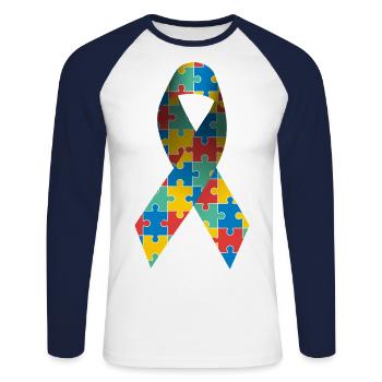 Ruban de sensibilisation à l’autisme et au syndrome d’Asperger - T-shirt baseball manches longues Homme - blanc/marine - Devant - Nik (191cm)