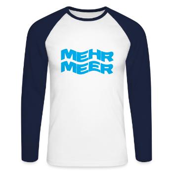 MEHR MEER - URLAUB - SOMMERURLAUB - SOMMER - SONNE - Unisex Baseballshirt langarm - Weiß/Navy - Vorne - Nik (191cm)