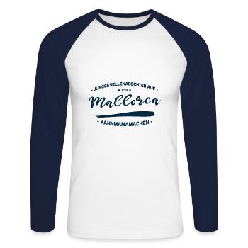 Junggesellenabschied auf Mallorca - kannmamamachen - Unisex Baseballshirt langarm - Weiß/Navy - Vorne - Nik (191cm)