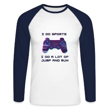 Drôle de jeu disant Gamer Sport Jump and Run - T-shirt baseball manches longues Homme - blanc/marine - Devant - Nik (191cm)