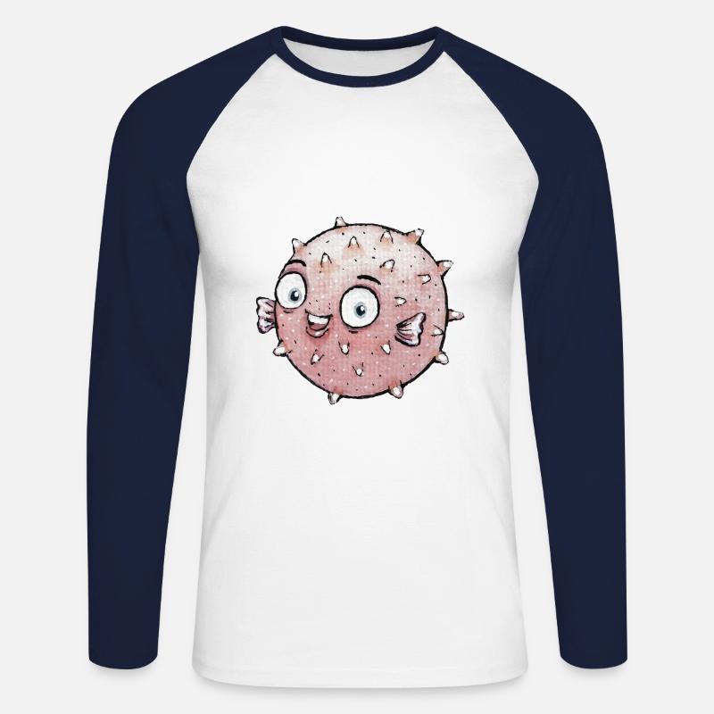 Aquarell Kugelfisch Comic - Unisex Baseballshirt langarm - Weiß/Navy