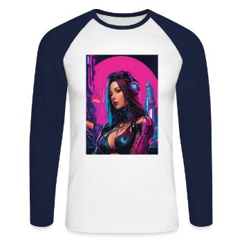 Portrait d'une jeune femme cyberpunk - T-shirt baseball manches longues Homme - blanc/marine - Devant - Nik (191cm)