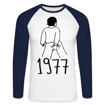 1977 Anniversaire 1977 - T-shirt baseball manches longues Homme - blanc/marine - Devant - Nik (191cm)