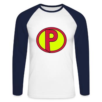Super, Superheld, Superheldin, Hero, P - Unisex Baseballshirt langarm - Weiß/Navy - Vorne - Nik (191cm)
