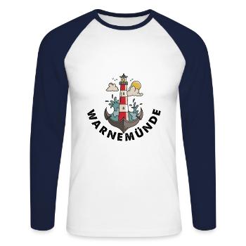 Warnemünde an der Ostsee mit Leuchtturm Souvenir - Unisex Baseballshirt langarm - Weiß/Navy - Vorne - Nik (191cm)