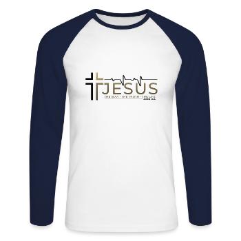 Jésus-Christ Bible Verset Chemin Vérité Vie Chrétien - T-shirt baseball manches longues Homme - blanc/marine - Devant - Nik (191cm)