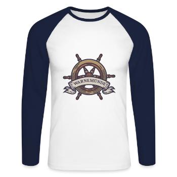 Steuerrad Warnemünde Ostsee mit Leuchtturm - Unisex Baseballshirt langarm - Weiß/Navy - Vorne - Nik (191cm)