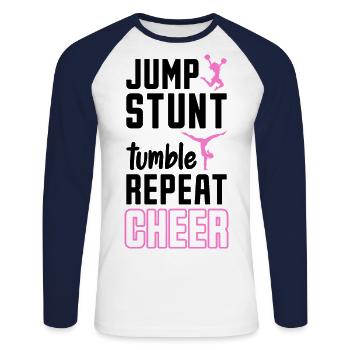 Jump Stunt Tumble Repeat Cheerleading Cheerleader - Unisex Baseballshirt langarm - Weiß/Navy - Vorne - Nik (191cm)