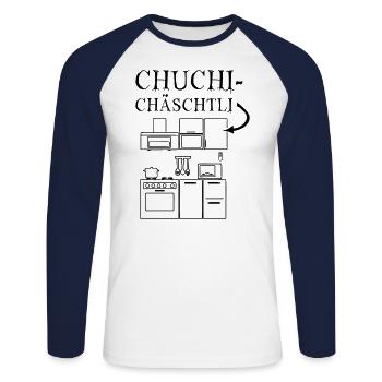Chuchichäschtli - Vektor=Motivfarbwechsel möglich - Unisex Baseballshirt langarm - Weiß/Navy - Vorne - Nik (191cm)