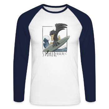 Ravi, les plages! Surfer corbeau corbeau sur vague - T-shirt baseball manches longues Homme - blanc/marine - Devant - Nik (191cm)