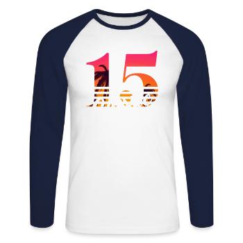 Issue 15 - 15th anniversary - Unisex Long Sleeve Baseball T-Shirt - white/navy - Front - Nik (191cm)