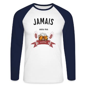 jamais sans ma gaté - T-shirt baseball manches longues Homme - blanc/marine - Devant - Nik (191cm)