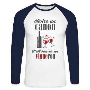 Vigneron vins raisins cave - T-shirt baseball manches longues Homme - blanc/marine - Devant - Nik (191cm)