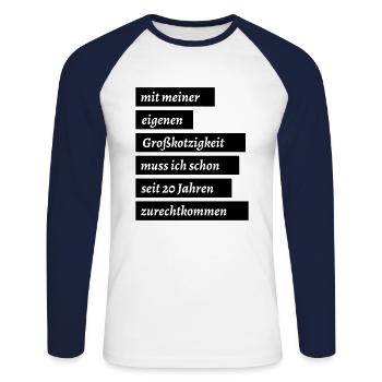 eigene grosskotzigkeit fun humor - Unisex Baseballshirt langarm - Weiß/Navy - Vorne - Nik (191cm)