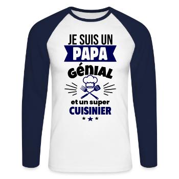 Papa génial super cuisinier,fête des pères - T-shirt baseball manches longues Homme - blanc/marine - Devant - Nik (191cm)