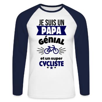 Papa génial & cycliste – idée fête des pères - T-shirt baseball manches longues Homme - blanc/marine - Devant - Nik (191cm)