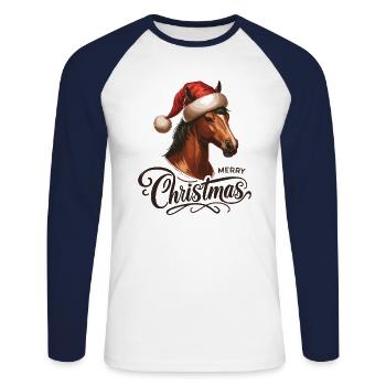 Cheval Santa Élégant | Illustration Noël Équestre - T-shirt baseball manches longues Homme - blanc/marine - Devant - Nik (191cm)
