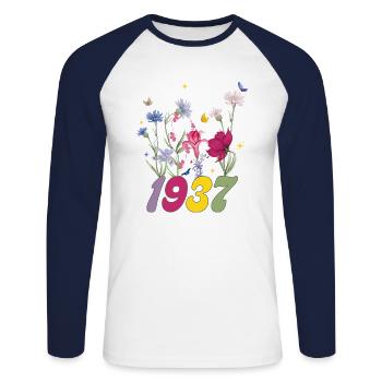 Année de naissance 1937 fleurs sauvages - T-shirt baseball manches longues Homme - blanc/marine - Devant - Nik (191cm)