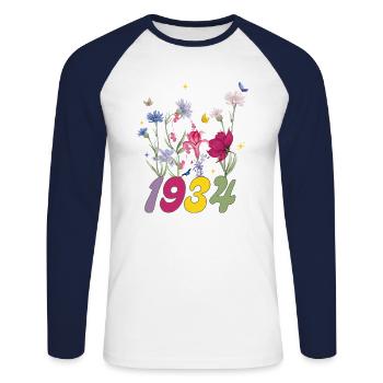 Geburtsjahr 1934 Wildblumen - Unisex Baseballshirt langarm - Weiß/Navy - Vorne - Nik (191cm)