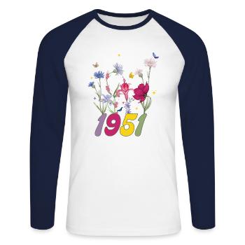 Geburtsjahr 1951 Wildblumen - Unisex Baseballshirt langarm - Weiß/Navy - Vorne - Nik (191cm)