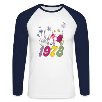 Geburtsjahr 1978 Wildblumen - Unisex Baseballshirt langarm - Weiß/Navy - Vorne - Nik (191cm)