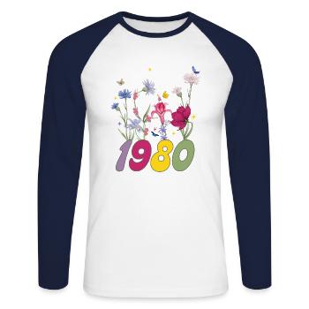 Année de naissance 1980 fleurs sauvages - T-shirt baseball manches longues Homme - blanc/marine - Devant - Nik (191cm)