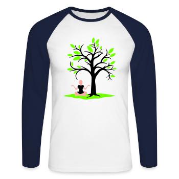 Méditation Sous l’arbre Forêt Transe Femme Médite - T-shirt baseball manches longues Homme - blanc/marine - Devant - Nik (191cm)