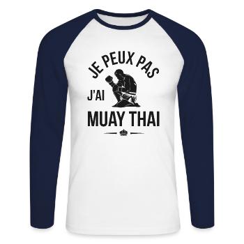 Je peux pas j'ai Muay Thai - T-shirt baseball manches longues Homme - blanc/marine - Devant - Nik (191cm)