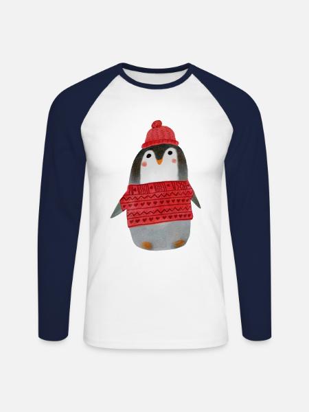 Süsser Pinguin Aquarell Winter Weihnachten - Unisex Baseballshirt langarm - Weiß/Navy
