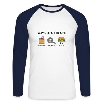 A manger. De l’amour. La passion. C’est le cœur. Cuisiner. Chef. - T-shirt baseball manches longues Homme - blanc/marine - Devant - Nik (191cm)