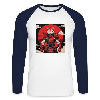 Samurai Cat Warrior - Unisex Long Sleeve Baseball T-Shirt - white/navy - Front - Nik (191cm)