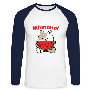 Chat pastèque Mhmmm - T-shirt baseball manches longues Homme - blanc/marine - Devant - Nik (191cm)