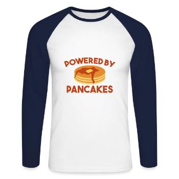 Powered by Pancakes - Unisex Baseballshirt langarm - Weiß/Navy - Vorne - Nik (191cm)