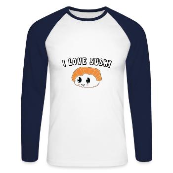 I love sushi - Unisex Baseballshirt langarm - Weiß/Navy - Vorne - Nik (191cm)