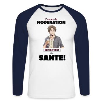 humour apero excès de moderation mauvais - T-shirt baseball manches longues Homme - blanc/marine - Devant - Nik (191cm)