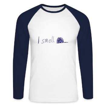 I smell cap shitty Design 14 - Unisex Baseballshirt langarm - Weiß/Navy - Vorne - Nik (191cm)