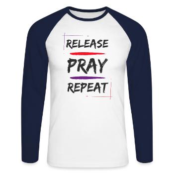 Release Pray Repeat - Unisex Long Sleeve Baseball T-Shirt - white/navy - Front - Nik (191cm)