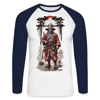 Japanese Samurai Essence in Ukiyo-E Art Style - Unisex Long Sleeve Baseball T-Shirt - white/navy - Front - Nik (191cm)