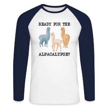 Ready for the Alpacalypse Funny Alpaca - Unisex Long Sleeve Baseball T-Shirt - white/navy - Front - Nik (191cm)