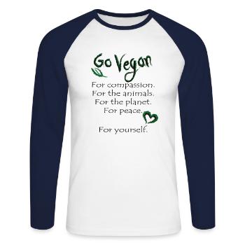 GO VEGAN - Unisex Baseballshirt langarm - Weiß/Navy - Vorne - Nik (191cm)