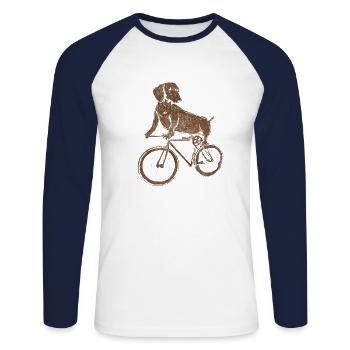 Chien vélo teckel cycliste BMX - T-shirt baseball manches longues Homme - blanc/marine - Devant - Nik (191cm)