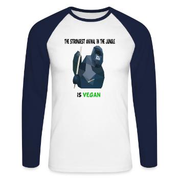Vegan Gorilla tshirt - Unisex Baseballshirt langarm - Weiß/Navy - Vorne - Nik (191cm)