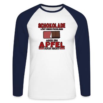 Schokolade löst keine Problem, ein Apfel auch nich - Unisex Baseballshirt langarm - Weiß/Navy - Vorne - Nik (191cm)