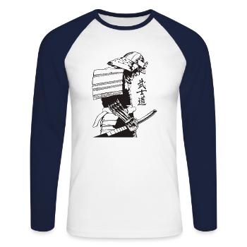 Samurai Krieger Washed, Retro - Unisex Baseballshirt langarm - Weiß/Navy - Vorne - Nik (191cm)