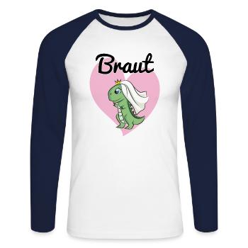 Braut Bride to be JGA Dino Dinosaurier Geschenk - Unisex Baseballshirt langarm - Weiß/Navy - Vorne - Nik (191cm)