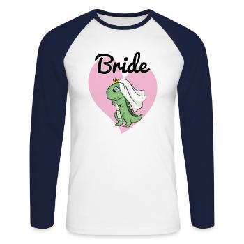 Bride to be Dino Dinosaurier JGA Hochzeit Heirat - Unisex Baseballshirt langarm - Weiß/Navy - Vorne - Nik (191cm)
