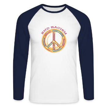 End Racism Peace Sign in Colorful End Racism - Unisex Long Sleeve Baseball T-Shirt - white/navy - Front - Nik (191cm)