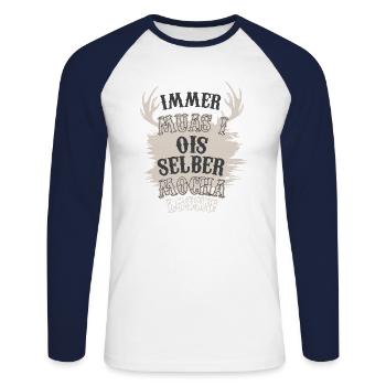 Tracht Lederhose Ois selber mocha Hirsch - Unisex Baseballshirt langarm - Weiß/Navy - Vorne - Nik (191cm)